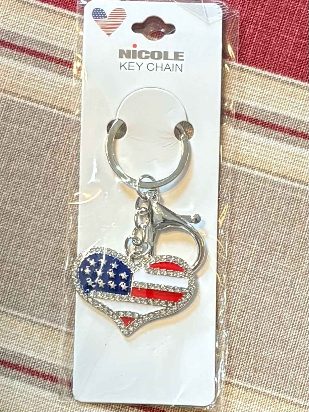 Nicole Silver American Flag Heart Key Chain Bag Charm - NEW